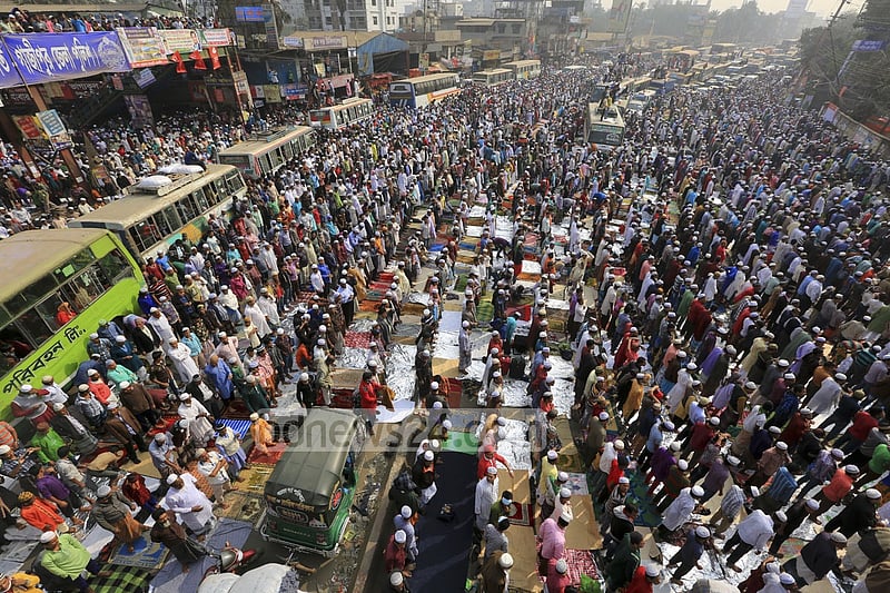 Devotees offer Jumma prayers on the first day of Bishwa Ijtema, the second largest religious congregation of Muslims in the world after the hajj, organised on the bank of the Turag river on Friday.