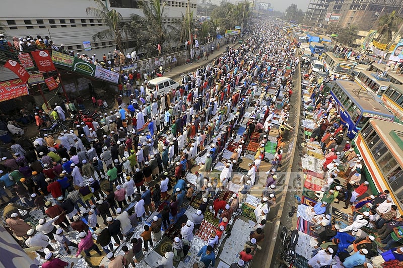 Devotees offer Jumma prayers on the first day of Bishwa Ijtema, the second largest religious congregation of Muslims in the world after the hajj, organised on the bank of the Turag river on Friday.