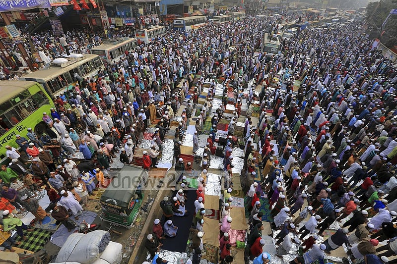 Devotees offer Jumma prayers on the first day of Bishwa Ijtema, the second largest religious congregation of Muslims in the world after the hajj, organised on the bank of the Turag river on Friday.