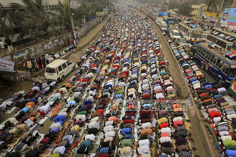 Devotees offer Jumma prayers on the first day of Bishwa Ijtema, the second largest religious congregation of Muslims in the world after the hajj, organised on the bank of the Turag river on Friday.