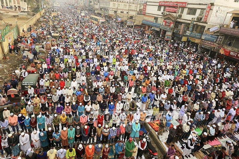 Devotees offer Jumma prayers on the first day of Bishwa Ijtema, the second largest religious congregation of Muslims in the world after the hajj, organised on the bank of the Turag river on Friday.