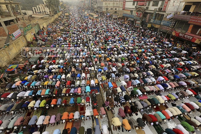 Devotees offer Jumma prayers on the first day of Bishwa Ijtema, the second largest religious congregation of Muslims in the world after the hajj, organised on the bank of the Turag river on Friday.