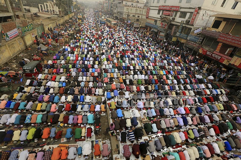 Devotees offer Jumma prayers on the first day of Bishwa Ijtema, the second largest religious congregation of Muslims in the world after the hajj, organised on the bank of the Turag river on Friday.