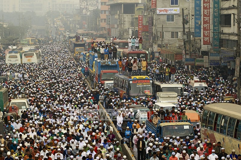Devotees offer Jumma prayers on the first day of Bishwa Ijtema, the second largest religious congregation of Muslims in the world after the hajj, organised on the bank of the Turag river on Friday.