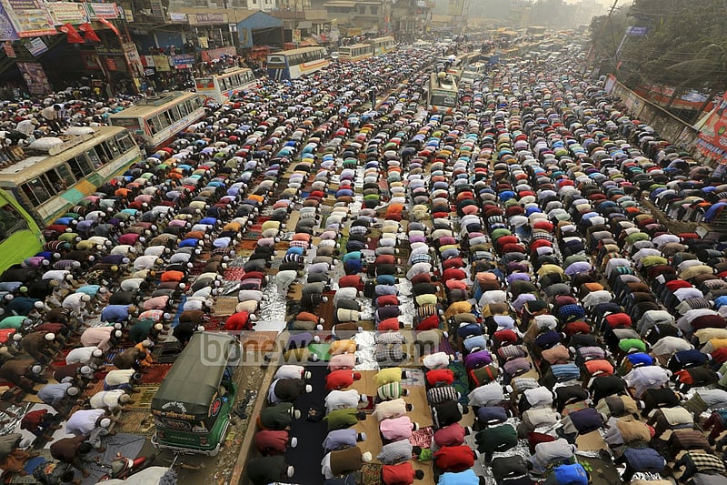 Devotees offer Jumma prayers on the first day of Bishwa Ijtema, the second largest religious congregation of Muslims in the world after the hajj, organised on the bank of the Turag river on Friday.