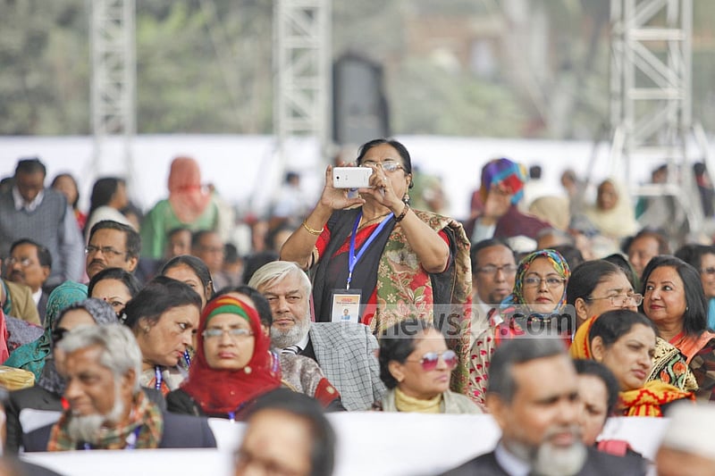 Together after a long time. Former students of Dhaka University join Hironmoyee Melbondhon organised by Dhaka University Alumni Association on Saturday.