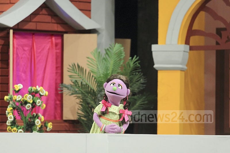 Puppetshow Sisimpur's character 'Tuktuki' addresses the audience at the inauguration ceremony of a new project of the show at the Bengal Multimedia Studio. Photo: abdul mannan
