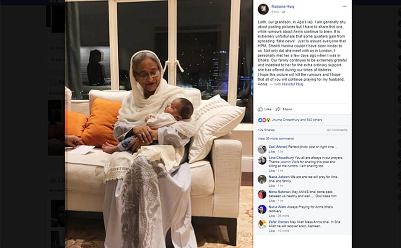 Mayor Annisul’s wife Rubana posts photo of their grandson in Hasina’s lap on Facebook