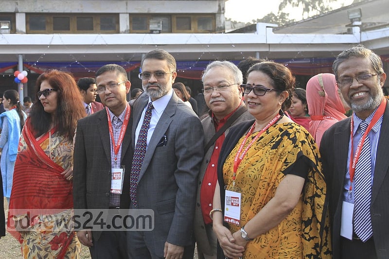 Outgoing EDAS General Secretary Toufique Imrose Khalidi, former president of the Society Wazir Sattar, current President Rasheda K Choudhury and former NBR chairman Muhammad Abdul Mazid pose for a group photo during Saturday's annual bash at the TSC on DU campus.