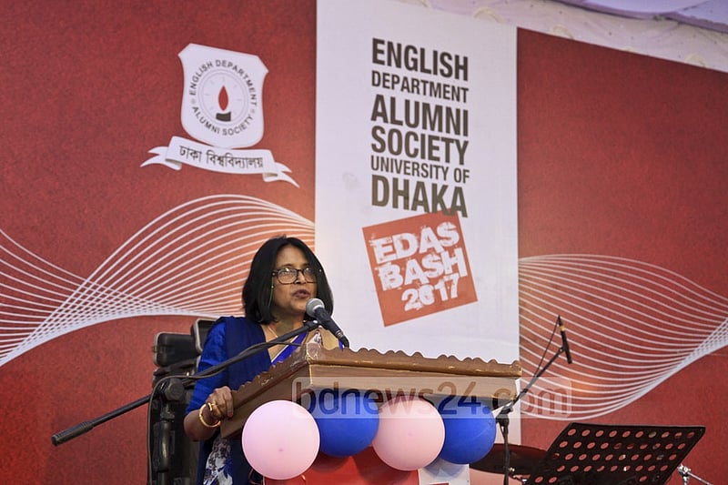 Chairperson Rubina Khan speaks at the EDAS annual bash on Saturday.