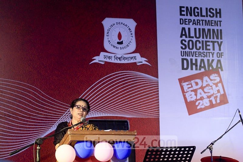 EDAS President Rasheda K Choudhury speaking at the annual reunion at the Dhaka University campus on Saturday.