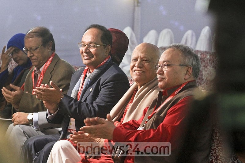 Finance Minister AMA Muhith, the senior-most alumnus of Dhaka University English department, attends Saturday's EDAS annual bash at the TSC.