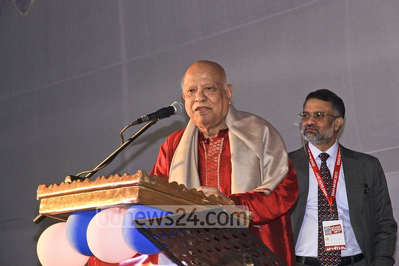 Finance Minister AMA Muhith speaking the EDAS annual bash on DU campus on Saturday.
