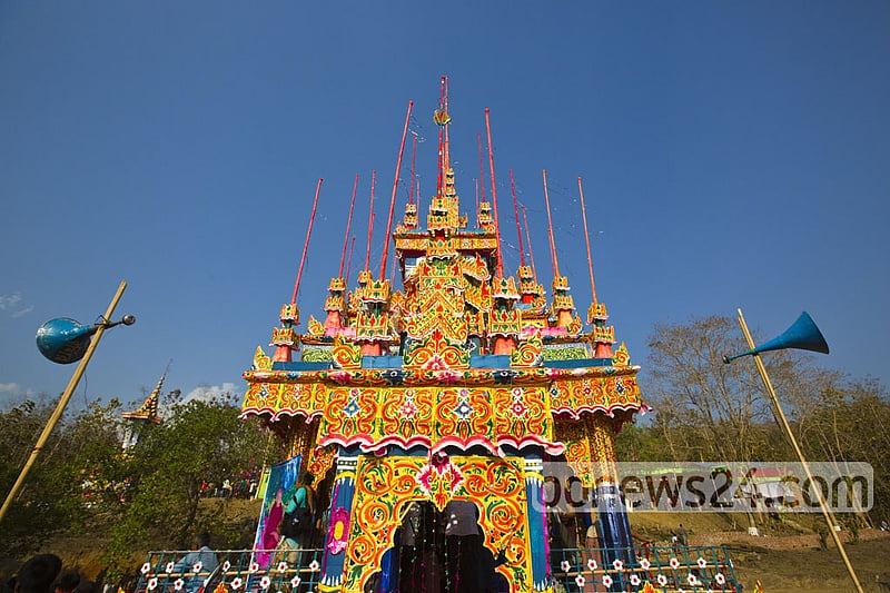 The Marma people preserved the mortal remains of Sasna Mahathero in a coffin inside this garish crematorium for three months before finally rendering a funeral.
