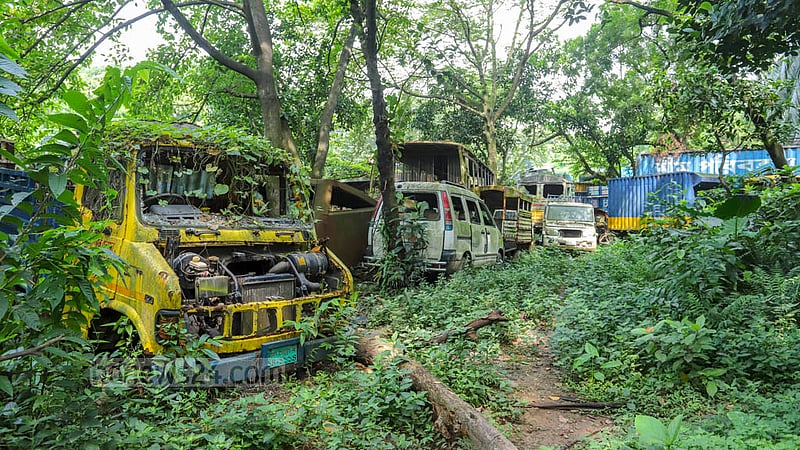 সোহরাওয়ার্দী উদ্যানের একাংশে ডাম্পিং করে রাখা গাড়িগুলো দীর্ঘদিন পড়ে থাকায় আশপাশে রীতিমতো জঙ্গলে ছেয়ে গেছে।
