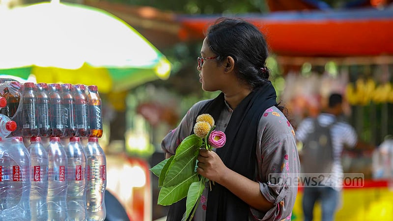 শরতে গাছে ধরেছে কদম ফুল। মঙ্গলবার ঢাকা বিশ্ববিদ্যালয়ে ঘুরতে আসা এক নারী এক মুঠোয় অদিনের সেই কদম।