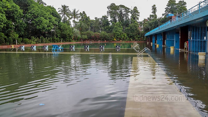 সিত্রাংয়ের প্রভাবে টানা বৃষ্টিতে উপচে পড়েছে ঢাকা বিশ্ববিদ্যালয়ের সুইমিং পুল।