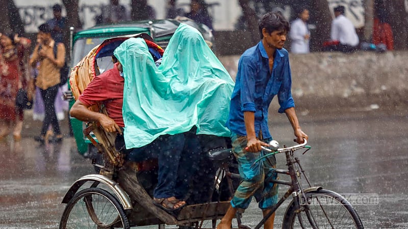 ঢাকা বিশ্ববিদ্যালয়ের টিএসসি এলাকায় বুধবার দুপুরের গুঁড়িগুঁড়ি বৃষ্টি থেকে নিস্তার পেতে রিকশার পলিথিনের পর্দা দিয়ে মাথা ঢাকার চেষ্টা।&amp;nbsp;ছবি: মাহমুদ জামান অভি