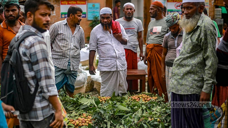 ঢাকার বাদামতলী পাইকারি ফলের বাজারে নিলামে বিক্রি হচ্ছে মৌসুমি ফল লিচু।&amp;nbsp;ছবি: তাওহীদুজ্জামান তপু