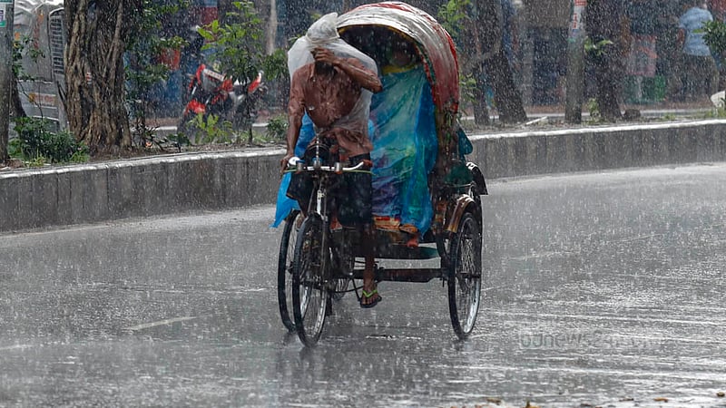 ঈদুল আজহার তৃতীয় দিন শনিবার কাঁটাবন মোড়ে বৃষ্টি থেকে বাঁচতে পলিথিন মুড়ে রিকশা চালাচ্ছেন একজন।&amp;nbsp;ছবি: মাহমুদ জামান অভি
