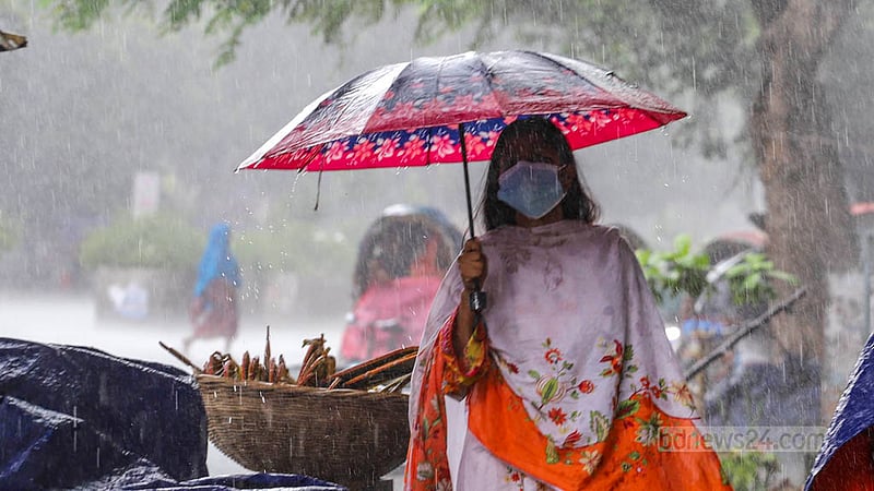 শ্রাবণের মাঝামাঝিতে বুধবার দুপুরে হঠাৎ বৃষ্টি নামে ঢাকার বিভিন্ন স্থানে। বৃষ্টির মধ্যে মিরপুরে ছাতা হাতে চলছিলেন এই তরুণী। ছবি: আসিফ মাহমুদ অভি