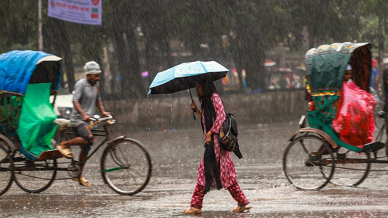 ঢাকা বিশ্ববিদ্যালয়ের টিএসসি এলাকায় বৃহস্পতিবার দুপুরে বৃষ্টির মধ্যে ছাতা হাতে এক তরুণী।&amp;nbsp;ছবি: তাওহীদুজ্জামান তপু