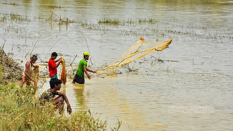 চট্টগ্রামের সাতকানিয়ার কেঁওচিয়া ইউনিয়ন এলাকায় ভারি বৃষ্টি ও পাহাড়ি ঢলের কারণে তলিয়ে গেছে ফসলের জমি। জমে থাকা বন্যার পানিতে মাছ ধরতে ব্যস্ত সময় কাটাচ্ছেন এলাকাবাসী।&amp;nbsp;ছবি: সুমন বাবু