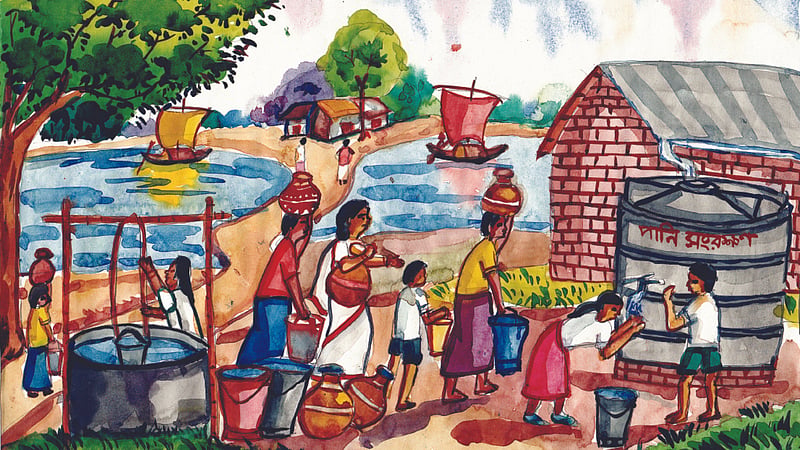 শিরোনাম: ওয়াটার কনজারভেশন, মাধ্যম: জলরং, সোয়াইদা সাবাহ, কিশোরগঞ্জ বালিকা উচ্চ বিদ্যালয়।