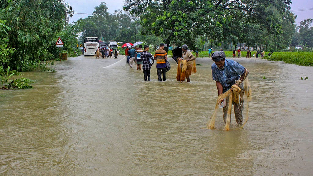 চট্টগ্রাম-কক্সবাজার মহাসড়কের চন্দনাইশের সড়কে পাশে পানি বেড়ে যাওয়ায় স্থানীয়রা জাল দিয়ে মাছ ধরছেন।