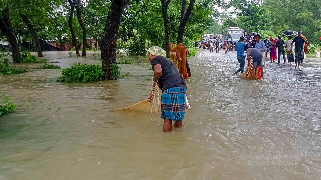 চট্টগ্রাম-কক্সবাজার মহাসড়কের চন্দনাইশের সড়কে পাশে পানি বেড়ে যাওয়ায় স্থানীয়রা জাল দিয়ে মাছ ধরছেন।