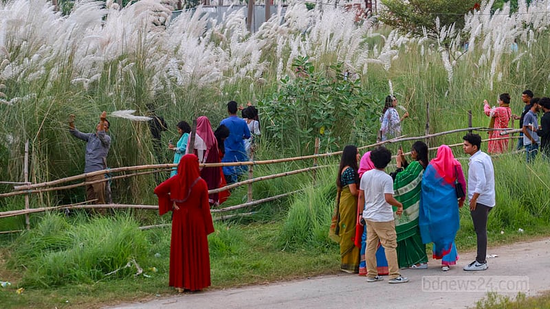 ঢাকার উত্তরার দিয়াবাড়ি এলাকায় কাশবনে ঘুরতে আসা মানুষের ভিড়।&amp;nbsp;ছবি: তাওহীদুজ্জামান তপু