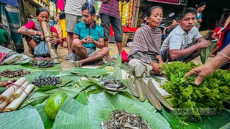 খাগড়াছড়ির দীঘিনালায় নারী বিক্রেতাদের হাটে মেলে জুমে উৎপাদিত বিভিন্ন ধরনের ফসল, পাহাড়ি ছড়ার মাছ ও প্রকৃতি থেকে সংগ্রহ করা বিভিন্ন সবজি।&amp;nbsp;ছবি: সমির মল্লিক