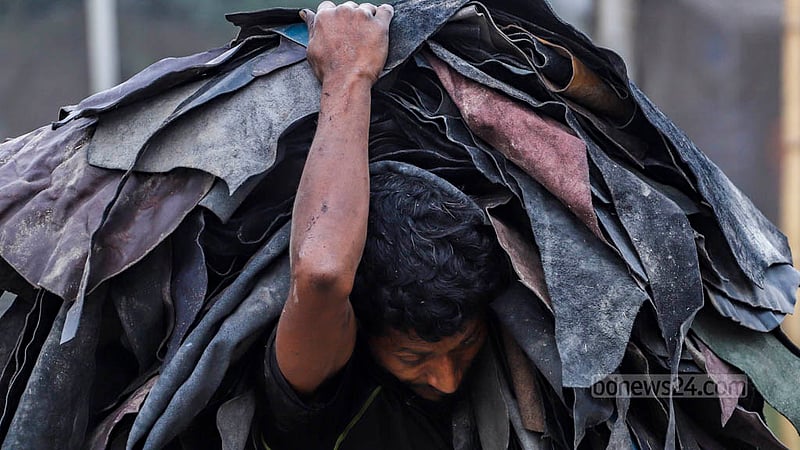 ঢাকার হাজারীবাগে একটি কারখানায় চামড়া শুকানোর কাজ করে হাকিম দিনে পান ৬০০ টাকা।