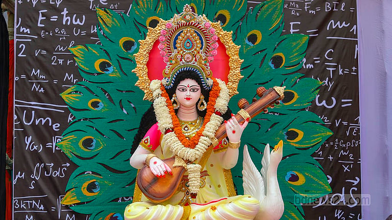 সরস্বতী পূজা উপলক্ষে বুধবার ঢাকা বিশ্ববিদ্যালয়ের জগন্নাথ হল মাঠের মণ্ডপে বিদ্যাদেবী সরস্বতী।