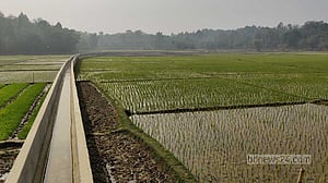 এক সেচনালায় পাহাড়ের ১০০ একর জমি এখন তিন ফসলি
