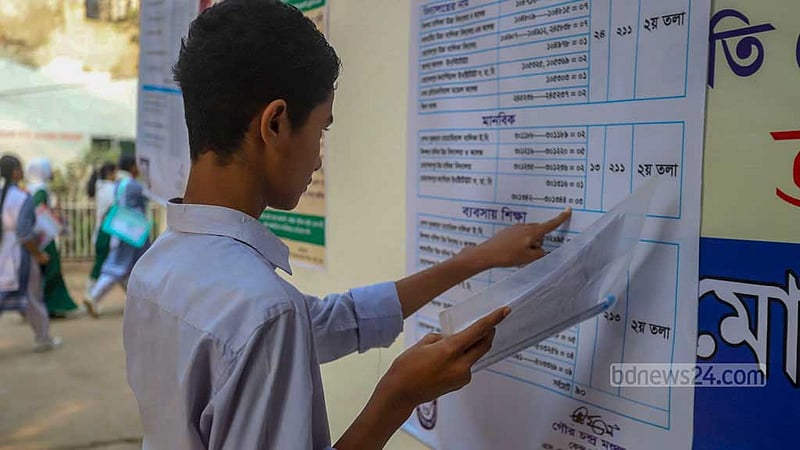 এসএসসি পরীক্ষার প্রথম দিন বৃহস্পতিবার রাজধানীর মোহাম্মদপুর সরকারি উচ্চ বিদ্যালয় কেন্দ্রের সামনে নোটিস বোর্ডে নিজের আসন খুঁজছেন এক শিক্ষার্থী।