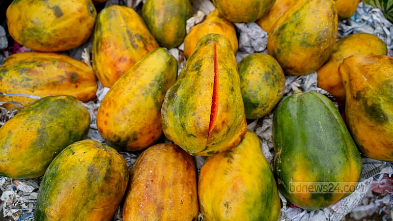 পার্বত্য এলাকা থেকে আসা পাকা পেঁপে কারওয়ান বাজারে বিক্রি হচ্ছে কেজিপ্রতি একশত টাকা করে।