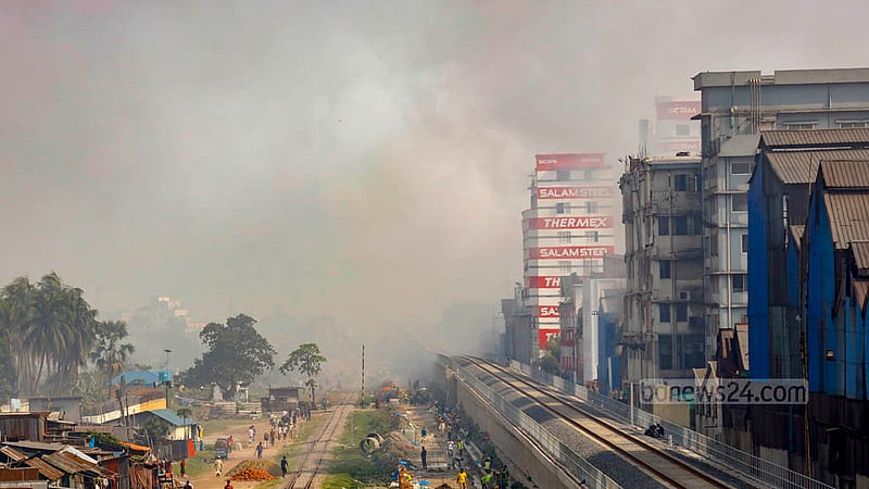দূর থেকে মনে হবে ‍কুয়াশায় ছেয়ে আছে আকাশ, কিন্তু আসলে তা রি-রোলিং মিলের সাদা ধোঁয়া। ঢাকার শ্যামপুরের আকাশ দিনভর এমনই থাকে।