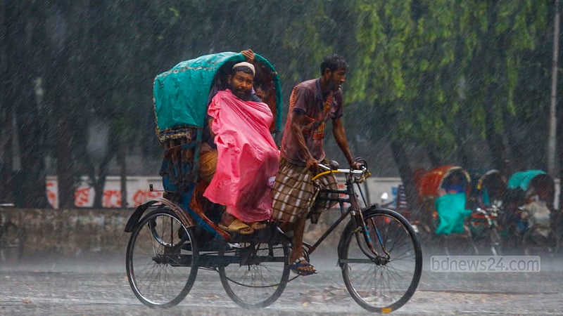 ঢাকা বিশ্ববিদ্যালয় এলাকায় মঙ্গলবার বিকালে বৃষ্টির মধ্যে যাত্রী নিয়ে গন্তব্যে ছোটেন এ রিকশা চালক।