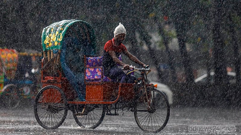 ঢাকা বিশ্ববিদ্যালয় এলাকায় বৃষ্টি থেকে বাঁচতে পলিথিন মাথায় এক রিকশাচালক