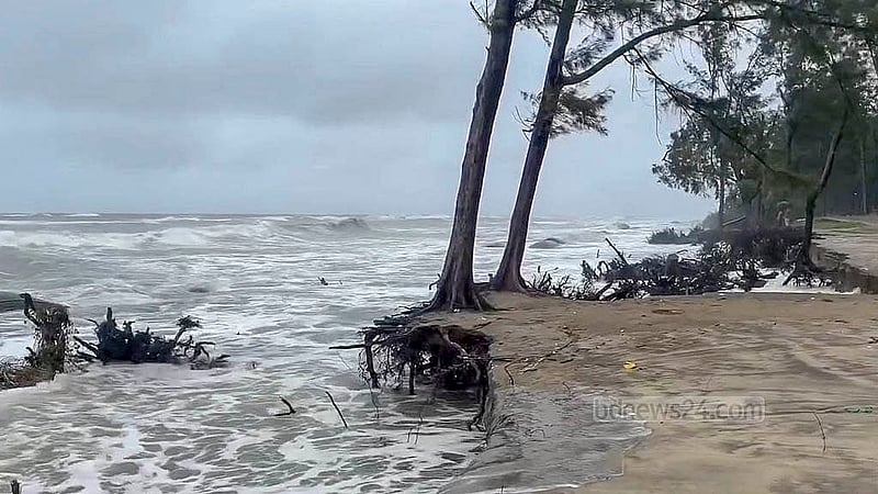 অমাবস্যা ও নিম্নচাপের প্রভাবে সাগরের পানির উচ্চতা বৃদ্ধি ও ঢেউয়ের কারণে বালিয়াড়ি ভেঙে অনেক ঝাউবাগান বিলীন হয়ে গেছে
