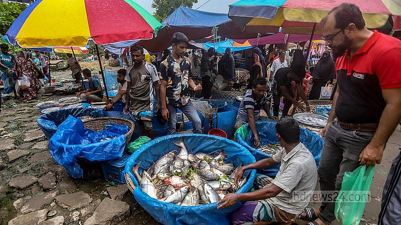 রাজধানীর মেরাদিয়া হাটে বিভিন্ন মাছের পসরা নিয়ে বসেছেন বিক্রেতারা। দোকানিরা নদী-বিলের বললেও অধিকাংশ চাষের মাছ। দামে কম হওয়ায় প্রতি বুধবার বিভিন্ন এলাকা থেকে মানুষ ভিড় করে এই হাটে