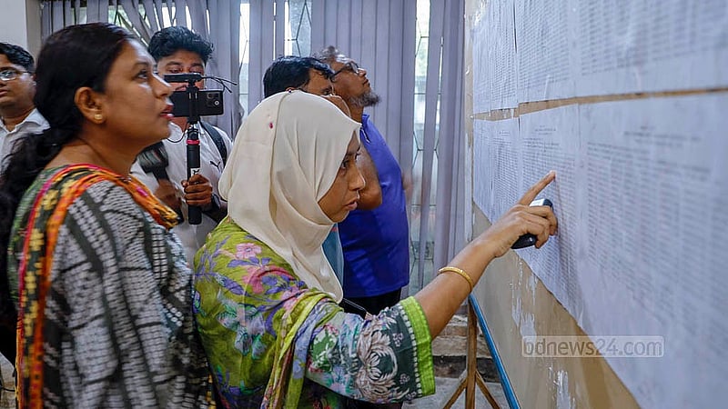 মাধ্যমিকের ফল প্রকাশের পর ভিকারুননিসা নূন স্কুল এন্ড কলেজের নোটিস বোর্ডে সন্তানদের রোল নম্বর খুঁজছেন অভিভাবকরা