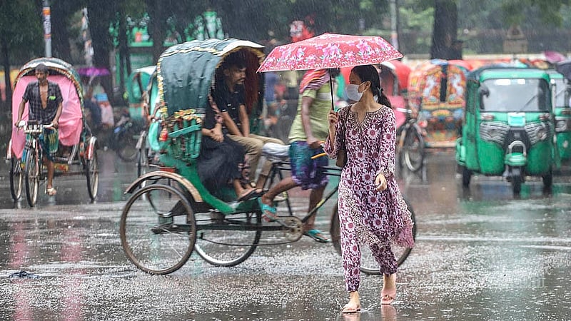 মৌসুমি বায়ুর প্রভাবে বুধবার দুপুরের বৃষ্টিতে ছাতা হাতে ঢাকা বিশ্ববিদ্যালয় এলাকায় এক তরুণী