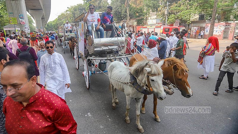 পহেলা বৈশাখে ঢাকা বিশ্ববিদ্যালয়ের চারুকলা অনুষদ থেকে বের হওয়া আনন্দ শোভাযাত্রায় ঘোড়ার গাড়ি
