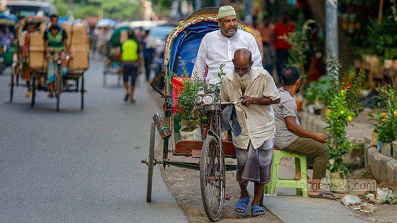 ঢাকা বিশ্ববিদ্যালয় এলাকায় কার্জন হলের দেওয়াল ঘেঁষা ফুটপাত থেকে পছন্দের গাছ কিনে রিকশায় বাড়ির পথে অনেকে