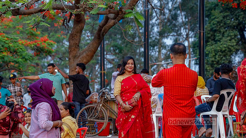 ঢাকার জিয়া উদ্যানের লেকের পারে এসে কৃষ্ণচূড়ার সঙ্গে নিজেদের