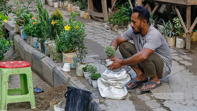 ফুটপাতের এক অংশজুড়ে নানান গাছের সমাহার। এর পাশ দিয়ে রয়েছে হাঁটার জায়গা। সেখানে গাছের পরিচর্যায় ব্যস্ত এক দোকানি