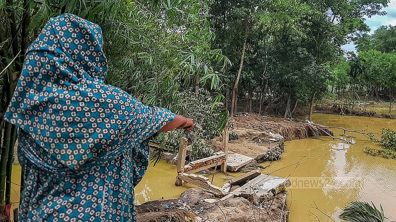 মুহুরি নদীর কাছে নির্মিত বাঁধ ভেঙে বিলীন হয়ে গেছে পরশুরাম ইউনিয়নের কাশিনগর-চম্পকনগর গ্রামের হাসনা বেগমের ঘর। দূর থেকে নিজেই দেখাচ্ছেন সেই ঘরের অবস্থা