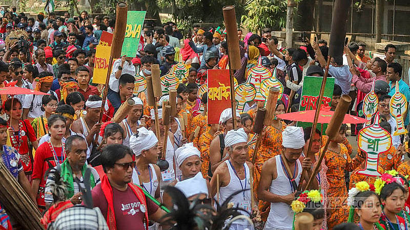 চাকমা, মারমা, গারো, বাঙালীসহ ২৮টি জাতিগোষ্ঠী এবার বাংলা বর্ষবরণ আনন্দ শোভাযাত্রায় অংশ নেয়